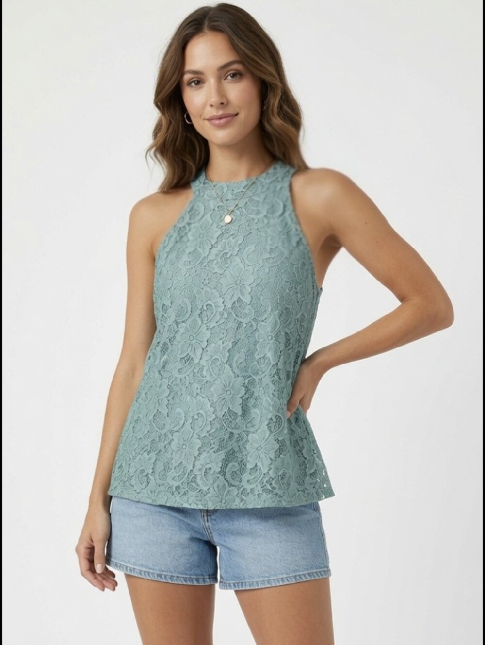 Cable & Gauge Sea Green Sleeveless Lace Halter Top Size Medium NWT